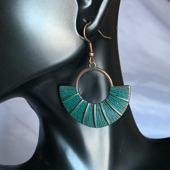 Boho Bronze and Green Fan Shaped Earrings - Picture 2 of 3
